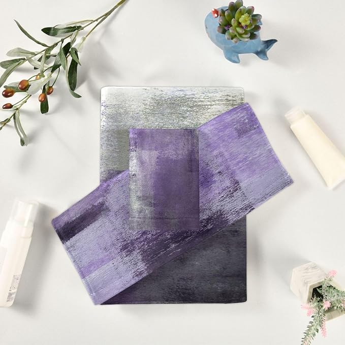 Purple Grey Art Bath Towel Set, 3 Piece Modern Decorative Absorbent Microfiber Set (1 Bath, 1 Hand, 1 Washcloth) for Fingertip, Hair, Face