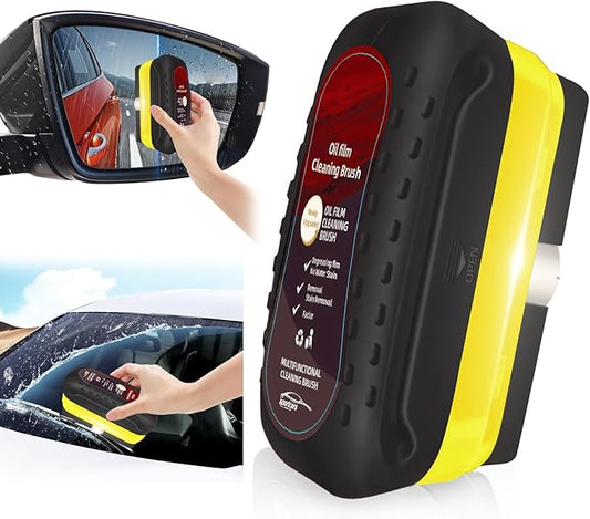Automotive Oil Film Cleaning Brush with Reusable Foam Sprayer, Upgraded Antifog Glass Cleaning Board, Glass Oil Film Remover for Car Windows & Windshields, Versatile Car Glass Cleaner Brush (Black)