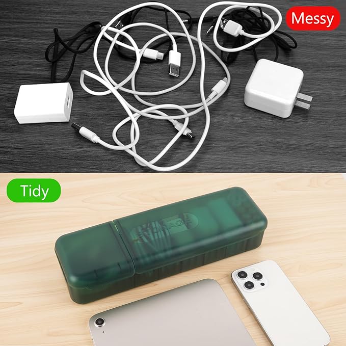 LUWOO Cable Organizer Box with 10 Wire Ties, Clear Charge Cord Management Cases with 7 Compartments, Desktop Drawer Organizer Storage Container, Wire Storage Box with Lid (Green)