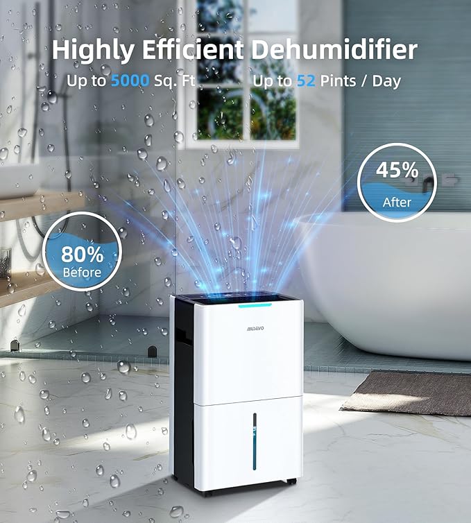 5000 Sq. Ft Dehumidifiers for Home and Basement, 52 Pint/Day Dehumidifier with Drain Hose, 3 Modes, 24H Timer, Auto Defrost, Child Lock, for Bedroom, Garage, RV, Large Room, Humid Summer, Rainy Season