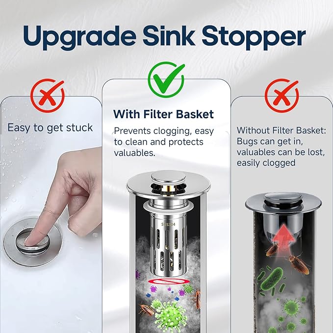 Pop Up Sink Drain Strainer, Bathroom Sink Drain Stopper with Removable Stainless Steel Drain Hair Catcher Basket, Universal Bathroom Sink Stopper Replacement, Drain Plug Filter (2PCS New)