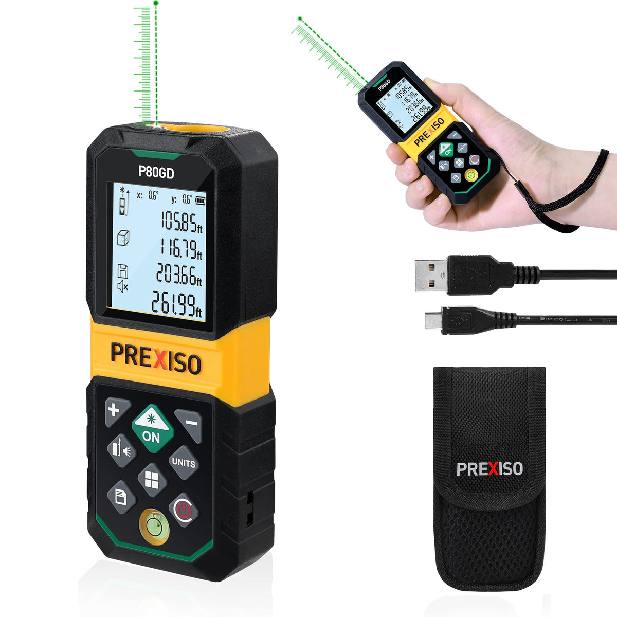 PREXISO Laser Measuring Tool Rechargeable, 265Ft Green - Image 1