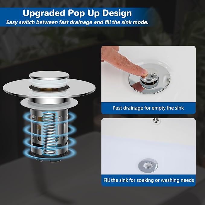 Hibbent 3 Pack Upgraded 3 in 1 Bathroom Sink Drain Strainer, Universal Pop Up Stopper with Removable Stainless Steel Filter Basket Hair Catcher, Sink Plug for 1.1''~2.36'' Basin, Brass Core, Chrome