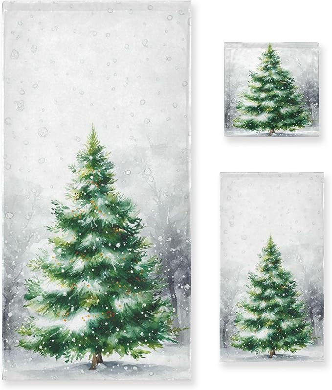 Pfrewn Christmas Winter Towels Set of 3 Rustic Christmas Tree with Snowflakes Bathroom Towel Soft Absorbent Bath Hand Towels Washcloth Guest Towel Sets Xmas Holiday Decor