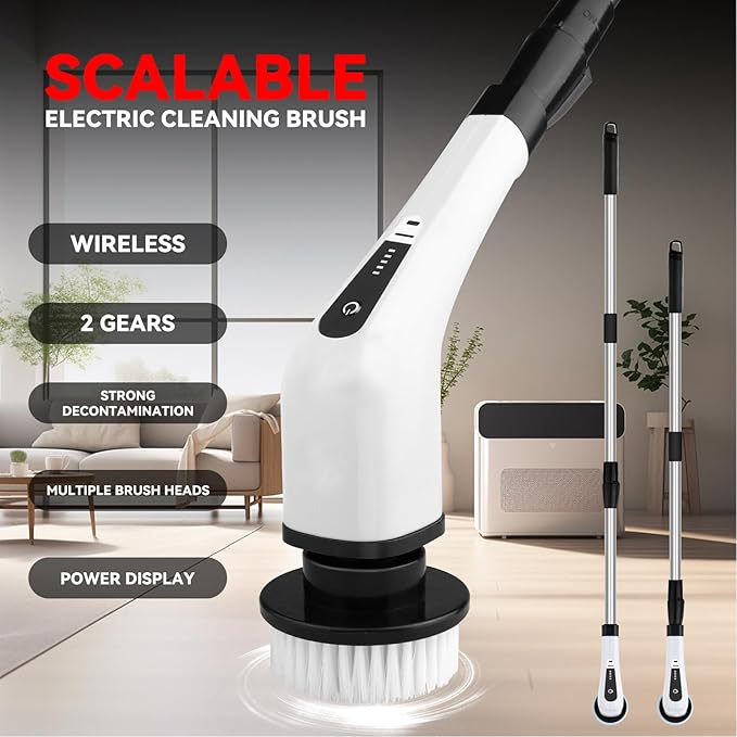Electric Spin Scrubber, Cordless Handheld Adjustable Cordless Shower Cleaning Brush, 25W Smart Power Shower Cleaning Brush, Low Noise Power Shower Scrubber for Bathroom