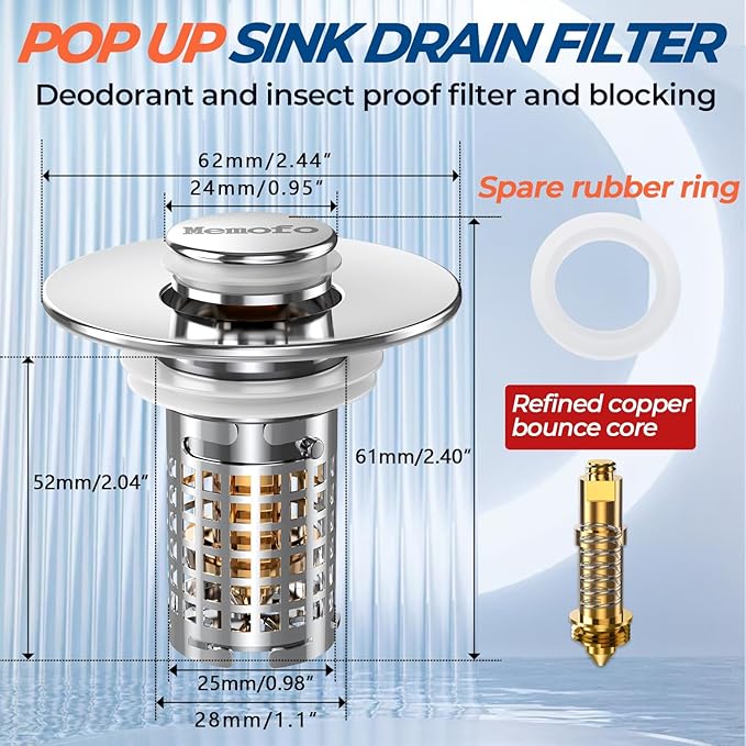 Bathroom Sink Drain Strainer, Stainless Steel Pop-up Strainer Basket Hair Catcher with Removable Basket, Brass Bullet Core, Universal Fit 1.1-2.36 Inch (4PCS)