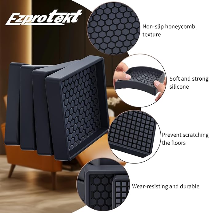 Ezprotekt Non Slip Furniture Pads, 4 Pcs 3" Anti Skid Rubber Furniture Caster Cups, Anti-Slip Furniture Coasters for Hardwood Floors, Anti Slide Floor Protectors for Bed Couch Stoppers (Black)