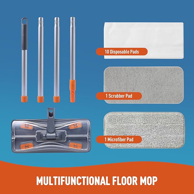 Lightweight Flat Mop with 10 Disposable & 1 Washable Pads, Scrubber for Wet/Dry Hardwood Floor Cleaning, Tile Grout Cleaner, Microfiber for Laminate, Pet Hair Dust