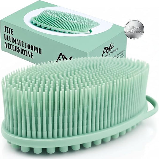 Avilana Silver Edition Body Scrubber - Silver-Ion Infused Silicone Shower Brush, ISO Tested Dual Sided, Stays Fresher Longer, SGS Certified Gentle Exfoliating Loofah Alternative Sensitive Skin Women