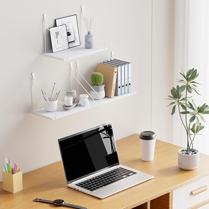 Elevate Your Space with Rustic Wood Floating Shelves Set of 3- Perfect for Bedroom, Living Room, Bathroom, and Kitchen Decor - Easy Installation, No Drilling Needed! White
