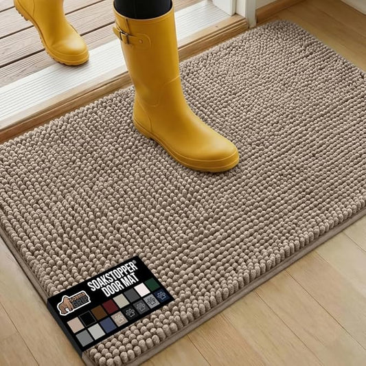 GORILLA GRIP SoakSTOPPER Dog Door Mat, 36x24 Machine Washable Rug Absorbent Doormat Captures Moisture Mud Dirt, Quick Dry Soft Chenille Entryway Rugs Indoor Entrance Mats for Dog Paws, Beige