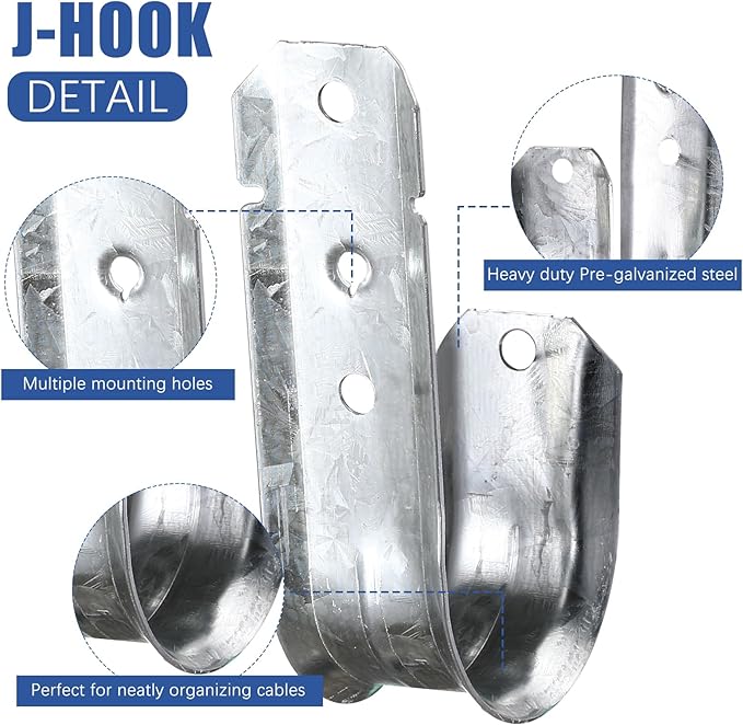 100 Pcs 2-Inch Cable Support, J Hooks Heavy Duty Galvanized Steel Cable Hook Wire Management J Hooks for Attaching Wall Mounting to Vertical Surfaces, Silver