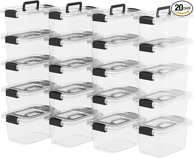 Lidded Storage Bin, Tote Organizing Container with Handle and Buckles, Stackable, Plastic, Clear, 6.8Qt, Pack of 20