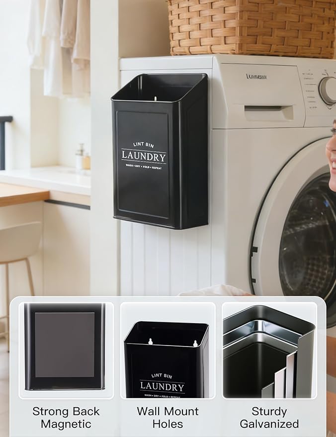 Magnetic Lint Trash Can for Laundry Room, Metal Dryer Lint Bin with 2 Pet Hair Remover, Farmhouse Laundry Room Decor, Black