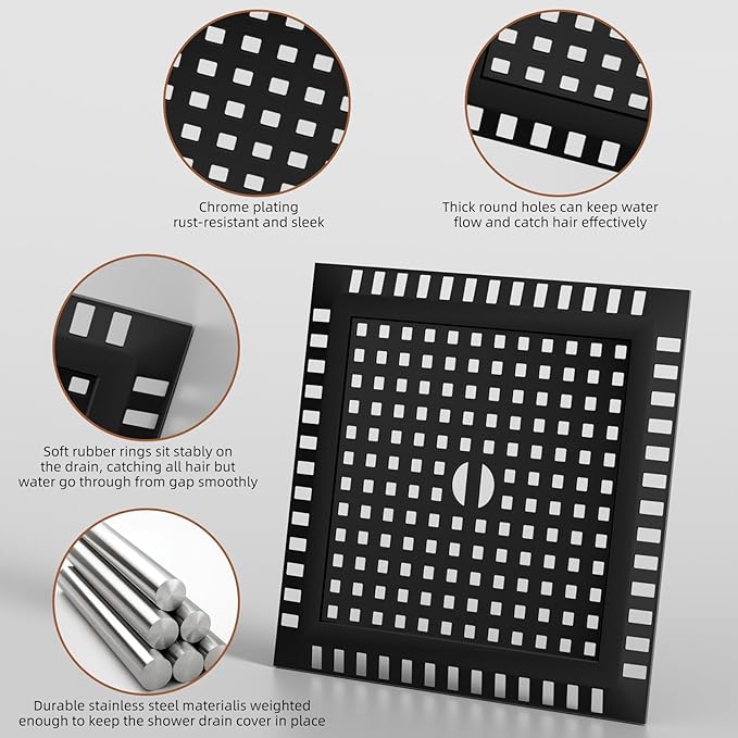 4 Inch Square Black Shower Drain Kit with Flange & Lifting Hook, Modern Floor Drain with 2-in-1 Cover Tiled Insert Grate, Stainless Steel SUS 304 (Matte Black, 4 Inch)