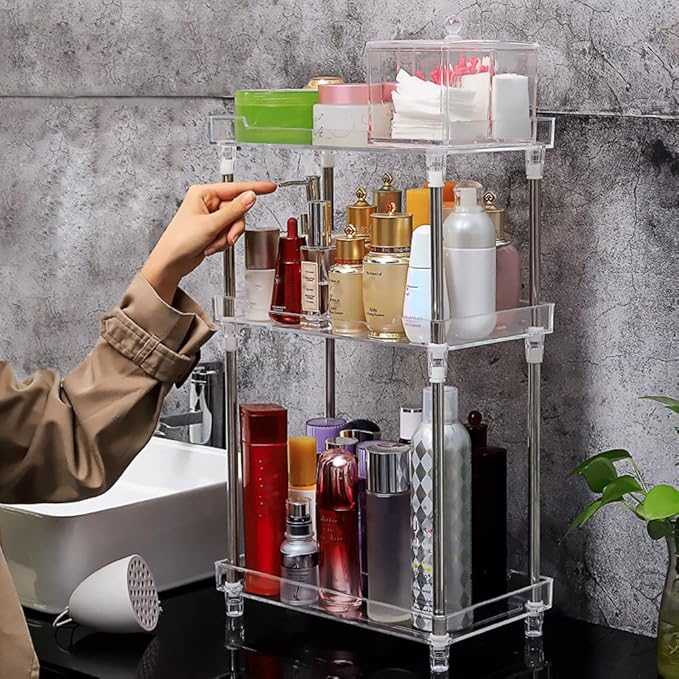 Bathroom Organizer Countertop Storage Clear 3 Tier Skincare Organizer Acrylic Corner Shelf Rack Stand for Makeup Cosmetic Perfume Vanity Tray Kitchen Living Room Supplies