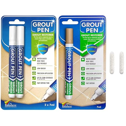 Grout Pen Tile Paint Marker: Beige 1 Pack and 2 Pack White with Extra Tips (Narrow, 5mm) - Waterproof Tile Grout Colorant Marker for Cleaner Looking Floors & Whitener Without Bleach