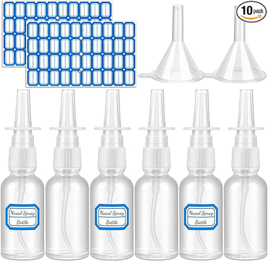 10 Pcs Nasal Spray Bottles, 30ML/1oz Transparent Glass Refillable Fine Mist Empty Clear Nasal Spray Bottle with 2 Funnels and 2 Labels