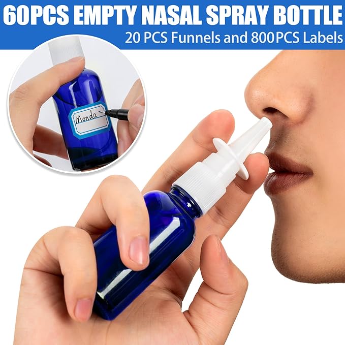 100 Pcs Nasal Spray Bottle, 1OZ/30ML Glass Bule Empty Nasal Spray Bottles Refillable with 20 Funnels and 20 Labels
