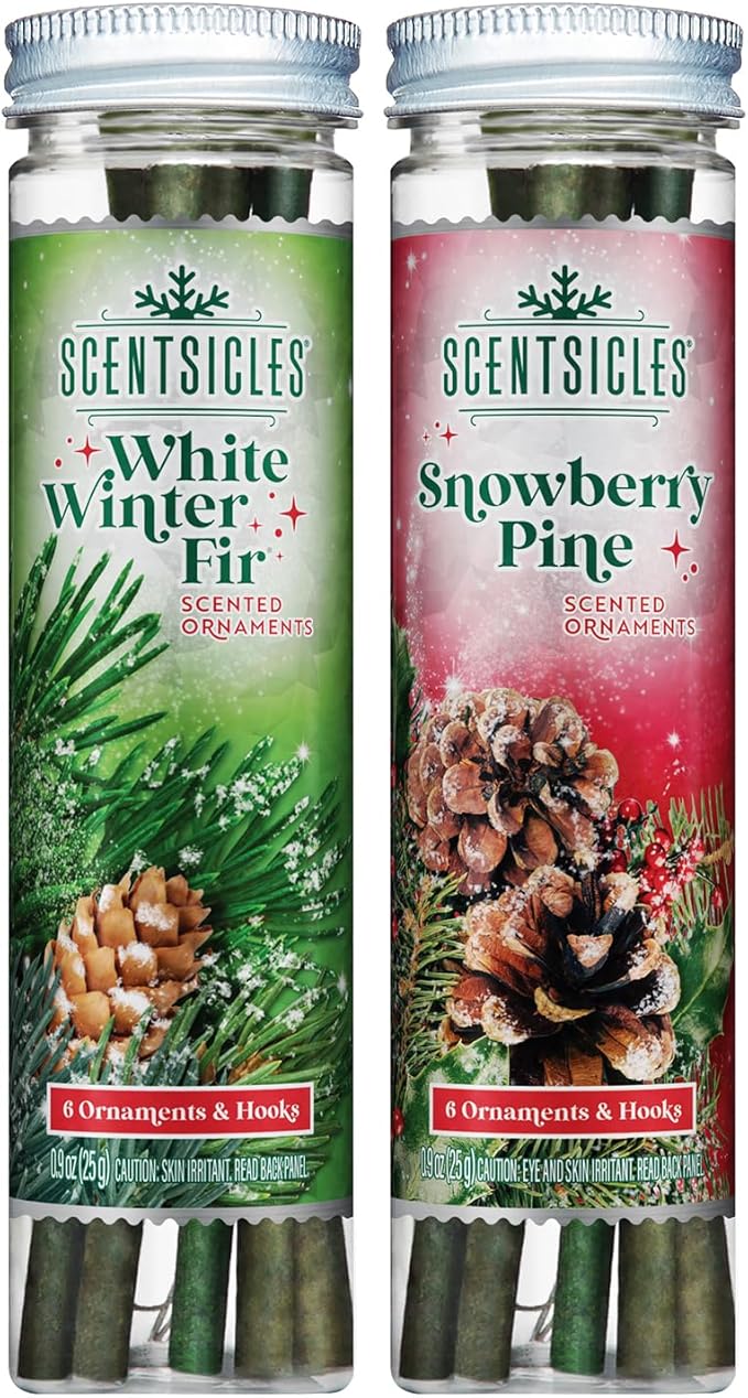 Scentsicles White Winter Fir and Snowberry Pine Scented Christmas Ornaments with Hooks - 2 Pack (2 Bottles, 12 Sticks Total)
