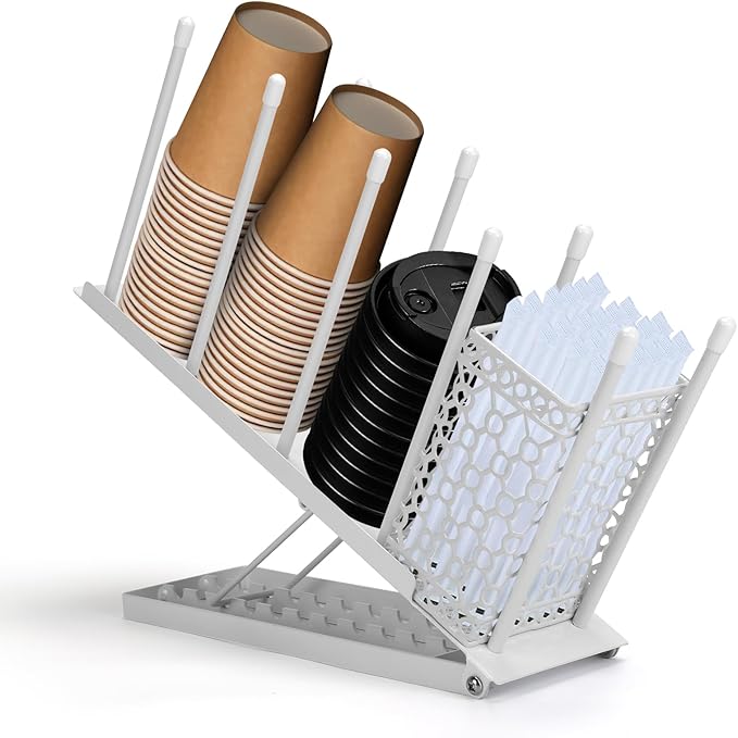 Coffee Cup Holder, Adjustable Cup Dispenser Lid Organizer Rack, 4 Compartment Disposable Paper Plastic Cup and Lid Dispenser with Straw Storage Basket for Coffee Bar Station Breakroom Countertop White