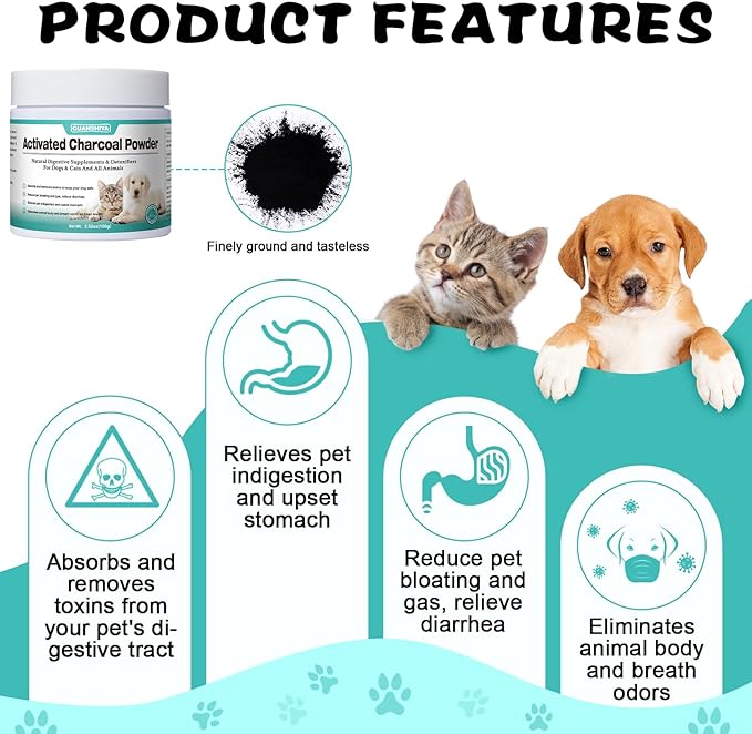 Activated Charcoal for Dogs, Cats, and All Pets, Charcoal for Dogs Poisoning, Digestive Upset and Gas Relief, Liver Support, Non-GMO, Gluten Free,3.53oz(Powder)