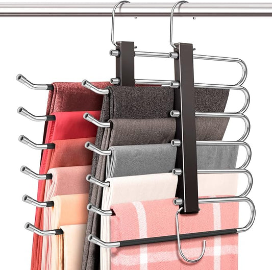 4 Pack 6-Tier Space Saving Pant Hangers, Anti-Slip, Lightweight, Stainless Steel, Black, 6 Pairs Jeans Hangers