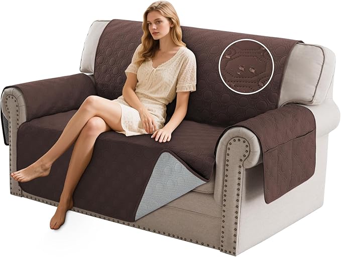 PrinceDeco Loveseat Covers for 2 Cushion Couch Waterproof Sofa Covers for 2 seat, Machine Washable Love Seat Quilted Couch Covers, Pet Friendly Slipcovers (Loveseat 48", Brown)