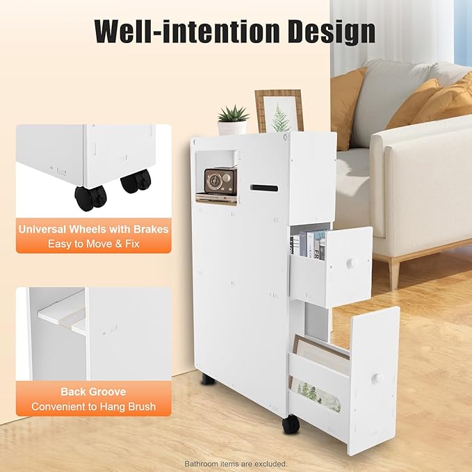 Small Bathroom Storage Cabinet with Lockable Wheels, Narrow Floor Organizer for Small Space, Rolling Toilet Paper Holder with Slide Out Drawers, Vertical Bathroom Organizer Next to Toilet
