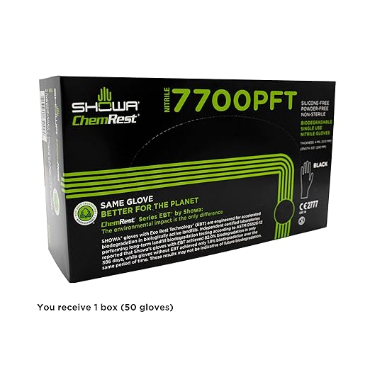 SHOWA 7700PFT Sustainable EBT Latex-Free, Powder-Free, Accelerator-Free, Nitrile Disposable Single Use Safety Gloves, 4 Mil, 9.5" Length, Medium (1 Box/50 Gloves)