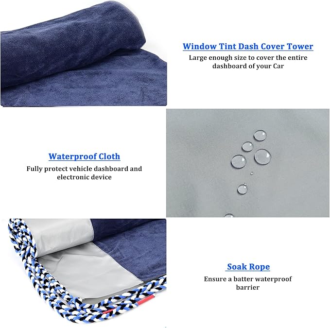 EHDIS Window Tinting Dash Cover Protection,3 in 1 Super Absorbent Car Dashboard Towel Tool Soak Rope Waterproof Cloth Cover for Vehicle Windshield Dash Window Scratch Free Tint Tools