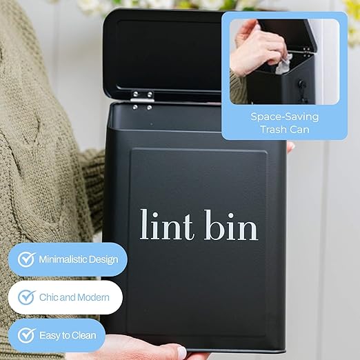 Magnetic Laundry Lint Bin for Dryer | Wall-Mounted Small Trash Can for Laundry Room | Includes Magnetic Hook & Lint Brush | Space-Saving Magnetic Laundry Trash Can | Matte Black
