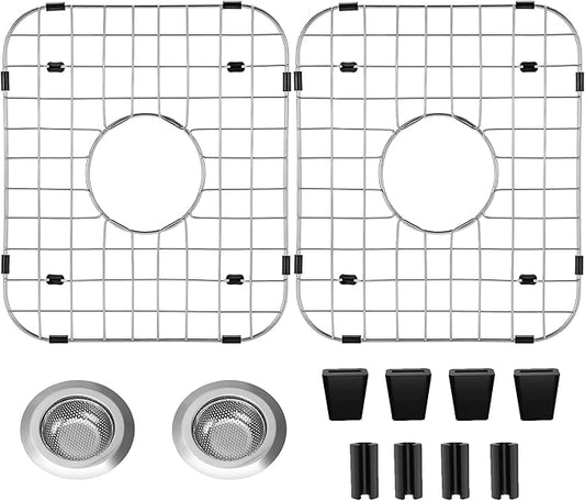 4 Pack Sink Protectors for Kitchen Sink with Center Drain Hole, 13.7"x11.6" Stainless Steel Kitchen Sink Bottom Grid 2pcs with 2pcs Sink Strainers (Silver)
