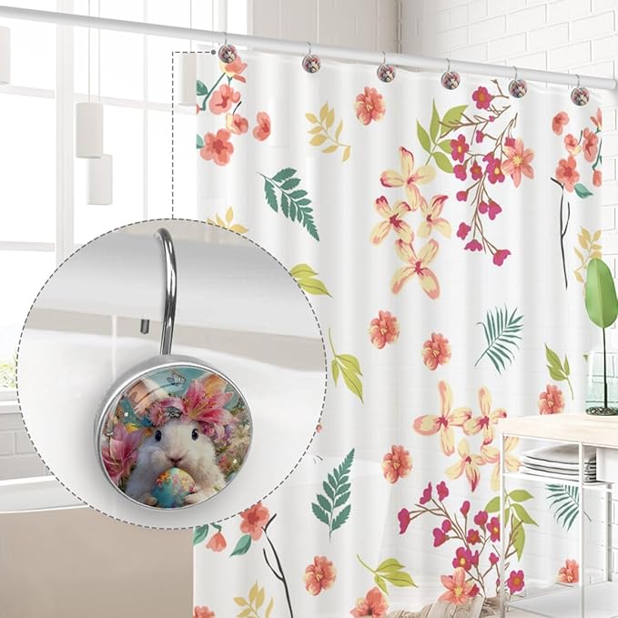Easter Rabbit and Flowers Shower Curtain Hooks 12Pcs, Decorative Rust Resistant Shower Rings for Shower Curtain Rods, Stainless Steel Round Curtain Hooks for Bathroom, Bedroom, Farmhouse