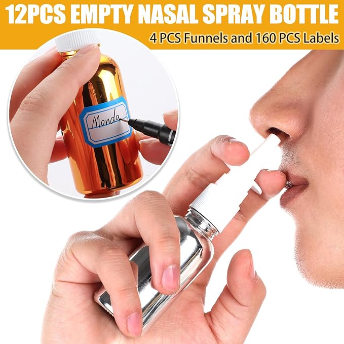 20 Pcs Nasal Spray Bottle, 30ML/1OZ 12 Pcs Bright Plating Gold Silvery Black Empty Refillable Glass Nose Spray Bottle with 4 Funnels and 4 Labels