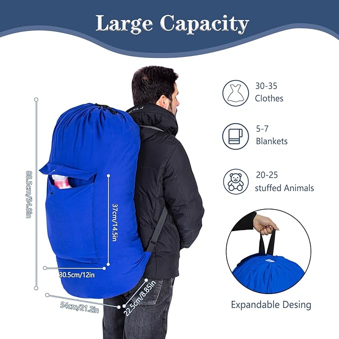 Sanlykate Canvas Backpack Laundry Bag - Extra Large Durable Dirty Clothes 2-3 Days Capacity with Adjustable Shoulder Strap & Front Pocket, for College Dorm, Apartment, Laundromats, Camping Travel