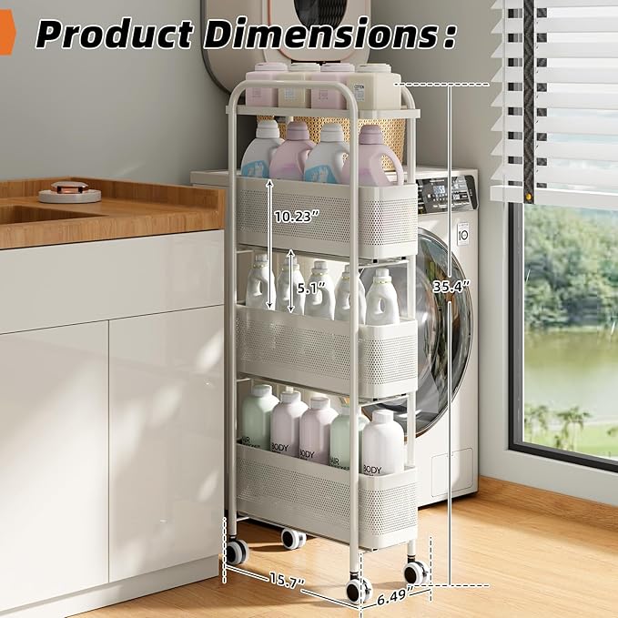 Slim Storage Cart 4 Tier with Pull Out Metal Basket Bathroom Organizer Rolling cart, Installation-Free Rolling Utility Cart Slide Out Organizer for Kitchen, Bathroom, Laundry (White, 4 Tier)