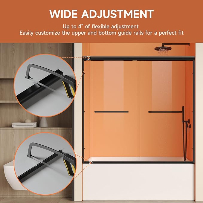 Bathtub Shower Door, 50-60" W x 57" H Shower Glass Door, Semi-Frameless Double Sliding Bathroom Tub Shower Door with 1/4 inch Clear Tempered Glass, Black