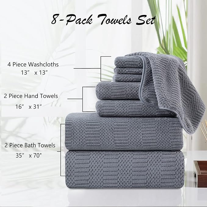 8 Piece Oversized Gray Bath Towel Set-2 Extra Large Bath Towel Sheets,2 Hand Towels,4 Washcloths-600GSM Soft Highly Absorbent Quick Dry Beach Chair Towels Woven Towels for Bathroom Hotel and Spa