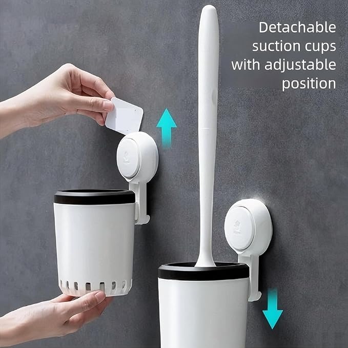 Toilet Bowl Brush and Holder Premium Quality，No Drill Wall Mounted Toilet Brush with Long Handle, Suction Cup Toilet Brush Holder, Non-Scratch Toilet Bowl Brush with Detachable Head,