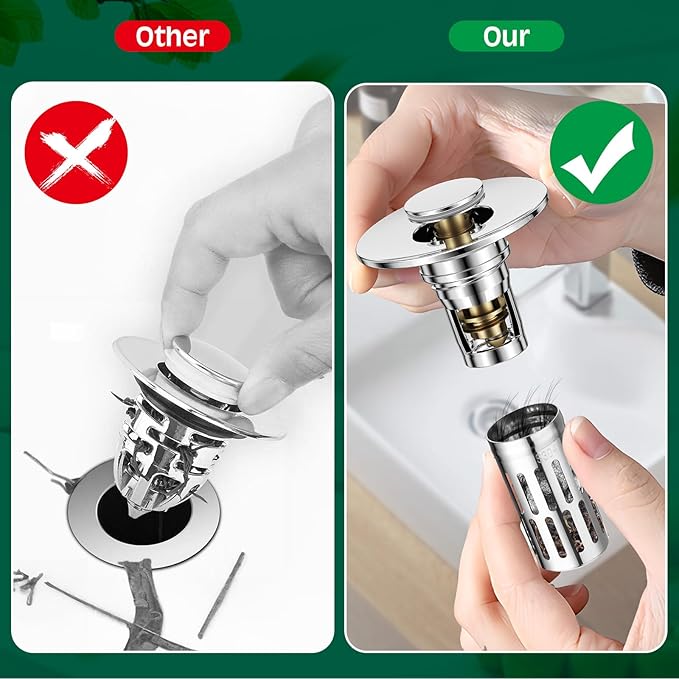 3 in 1 Sink Drain Strainer with Hair Catcher,Stainless Steel Popup Sink Stopper with Basket for Bathroom Kitchen Shower,Pop-up Bounce Core Floor Basin Drain Filter,Replacement Sink Plug 1PCS