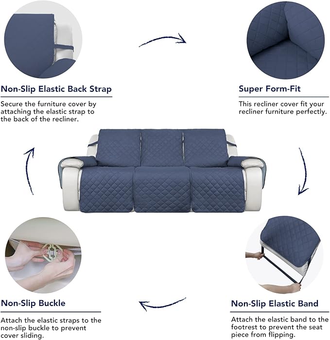PureFit Water Resistant Reversible Sofa Covers for Reclining Sofa 3 Seat - Non Slip Split Recliner Couch Cover for 3 Cushion Couch, Washable Furniture Protector for Kids, Dogs (Dark Blue/Light Blue)