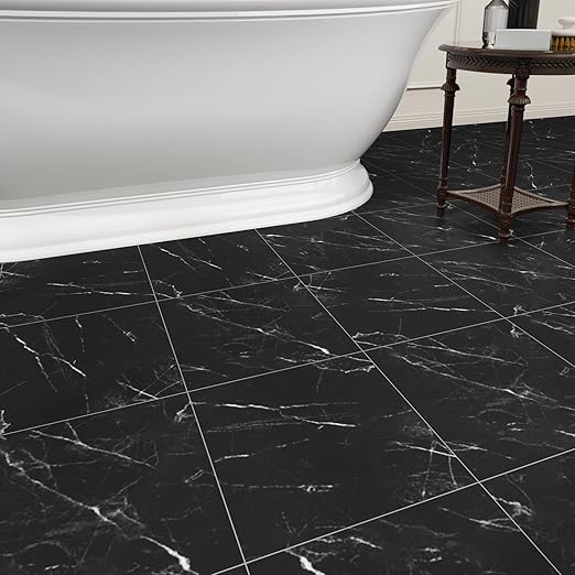 40-Pack Peel and Stick Floor Tiles Vinyl Floor 12 x 12 inch Self Adhesive Waterproof Flooring Planks DIY for Bathroom, Kitchen, Living Room, RV, Cover 40 Sq. Ft, Black Vein Marble
