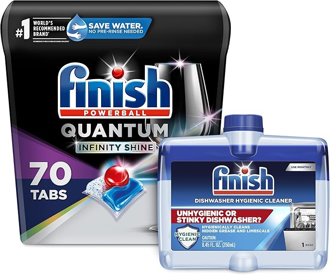 Finish Quantum Infinity Shine - 70 Count Dishwasher Detergent + Finish Dishwasher Cleaner - Liquid Fresh 4 x 8.45 oz.