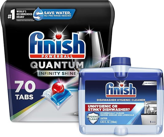 Finish Quantum Infinity Shine - 70 Count Dishwasher Detergent + Finish Dishwasher Cleaner - Liquid Fresh 4 x 8.45 oz.