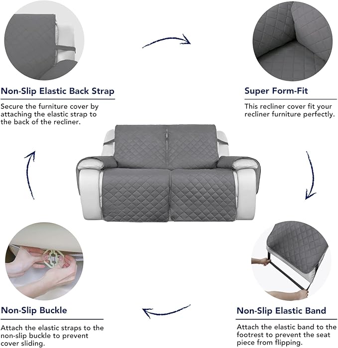 PureFit Water Resistant Reversible Sofa Cover for Reclining Sofa 2 Seat - Non Slip Split Recliner Couch Cover for Double Recliner, Washable Furniture Protector for Kid, Dogs (2 Seat, Gray/Light Gray)