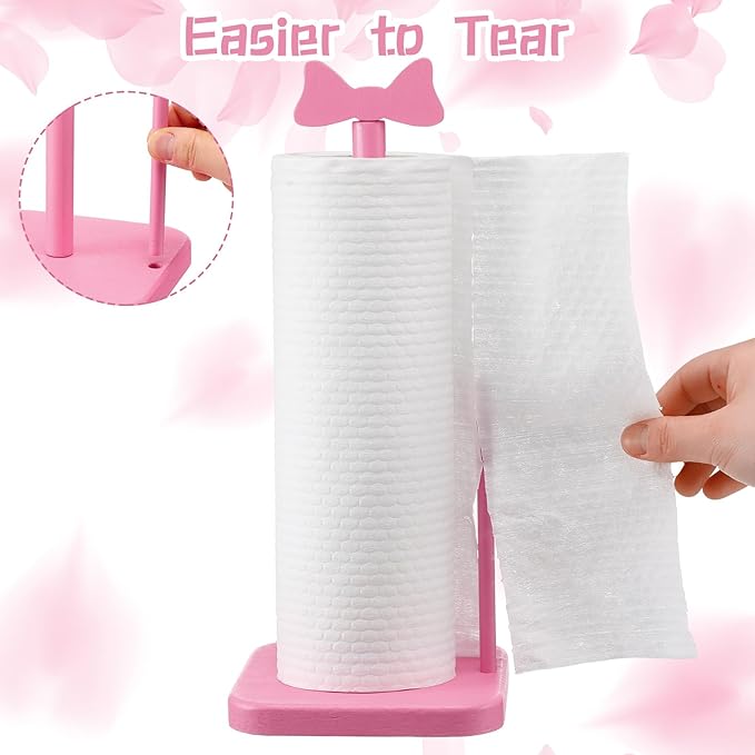 Leinuosen Pink Bow Paper Towel Holder Coquettish Cute Bow Wooden Paper Towel Holder Pink Bathroom Countertop Accessories Kitchen Roll Stand Organizer Standing Apartment Decor Housewarming Gift