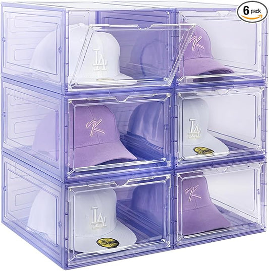 6 Pack Hat Organizer Box, Stackable Clear Baseball Caps Holder Box Containers with Magnetic Door for Hats Snapback Cap Storag, Hat Rack Display Case, Holds 8 Hats Each (Purple)