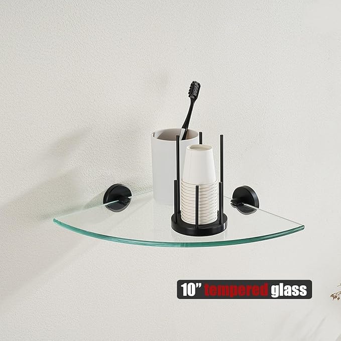 JQK Corner Glass Shelf Black, Bathroom 304 Stainless Steel Shower Triangle Floating Wall Shelf, 10 x 10 Tempered Glass, 3 Pack, TGS190L10-PB-P3
