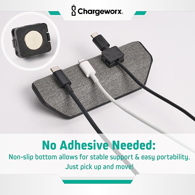 CHARGEWORX Magnetic Cable Organizer – Weighted Non-Adhesive Cord Holder with 3 Magnetic Clips for USB-C, Lightning & MagSafe Cables – Desk, Office & Nightstand Cable Management